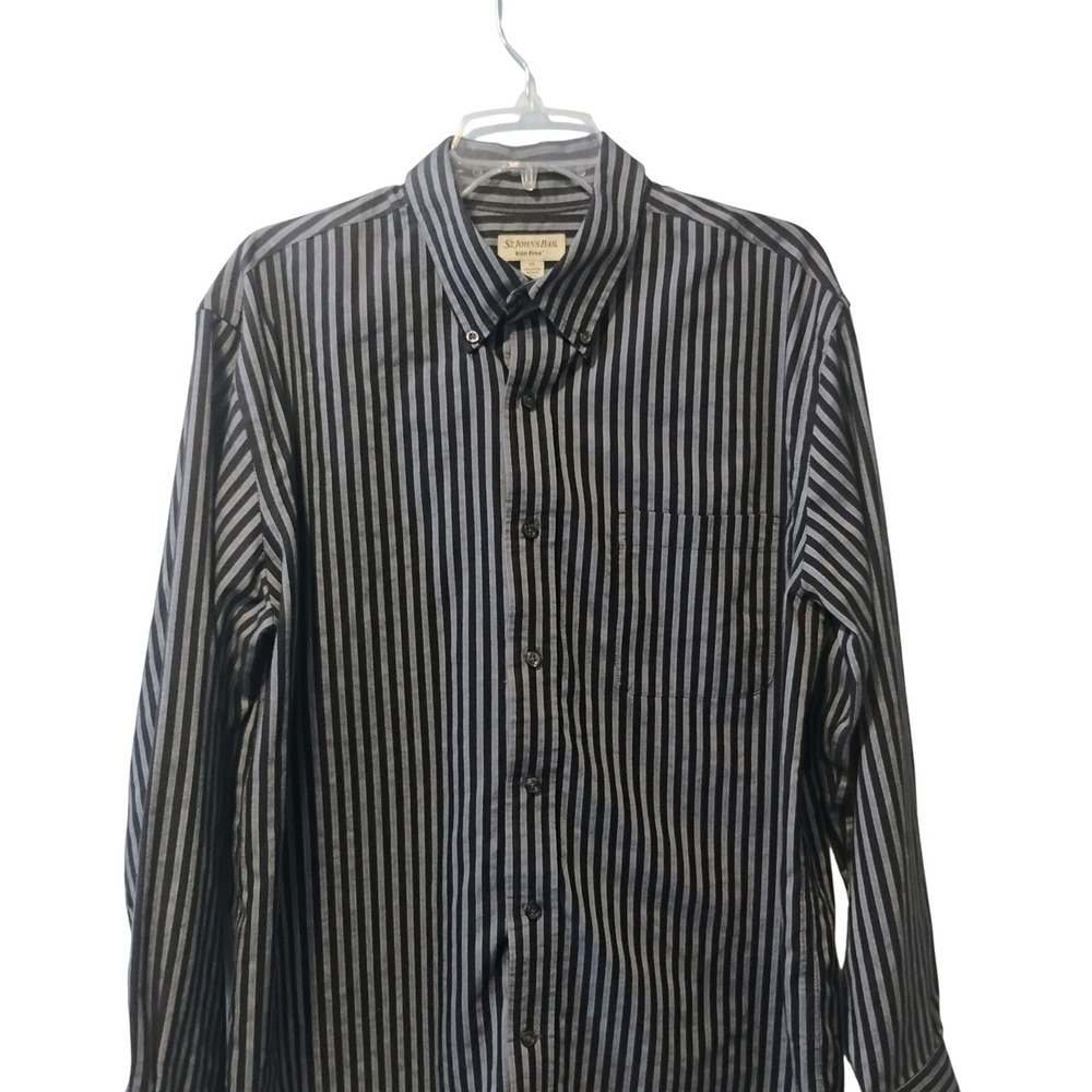 St Johns Bay Mens Large Black Grey Striped Iron Free Button Down Shirt L/G